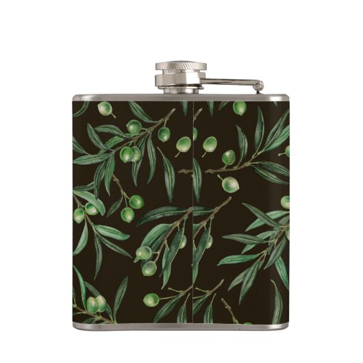 Olivenzweige Aquarellfarben auf schwarz Flachmann (Rückseite)