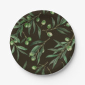 Olivenzweige Aquarellfarben auf schwarz Pappteller (Vorderseite)