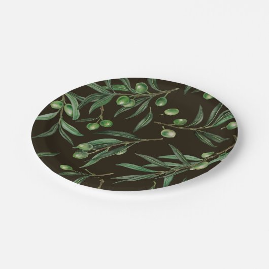 Olivenzweige Aquarellfarben auf schwarz Pappteller (Schrägansicht)