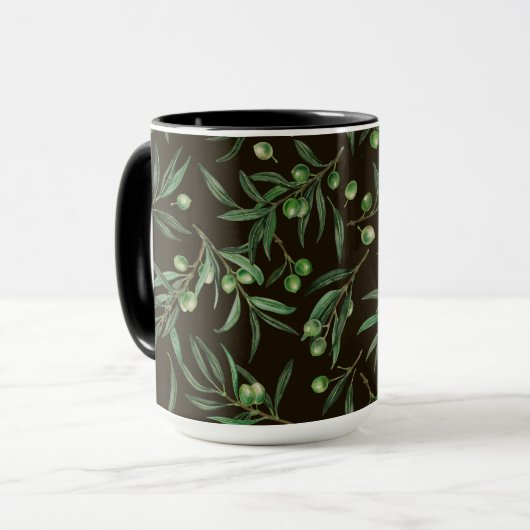 Olivenzweige Aquarellfarben auf schwarz Tasse (Vorderseite Links)