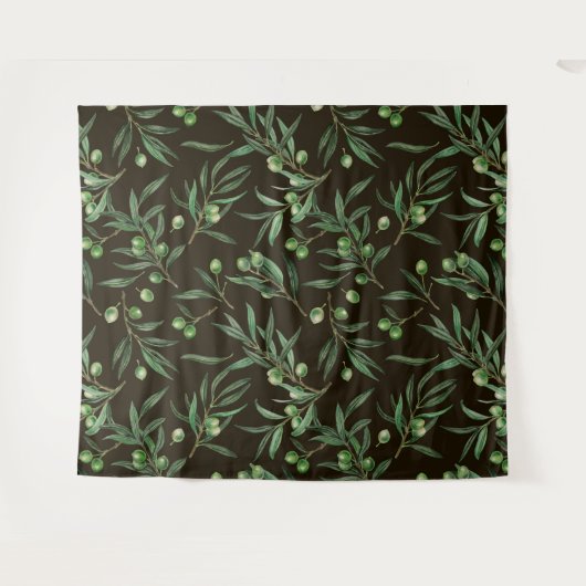 Olivenzweige Aquarellfarben auf schwarz Wandteppich (Vorderseite (Horizontal))