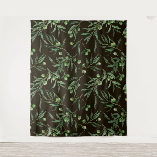 Olivenzweige Aquarellfarben auf schwarz Wandteppich (Vorderseite)