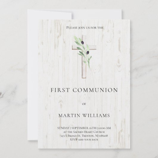 Olivenzweigholz Kreuz Katholische Erste Kommune I Einladung (Vorderseite)