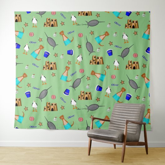 Oliver The Otter Summer Beach Vacation Pattern Wandteppich (Beispiel (Horizontal))