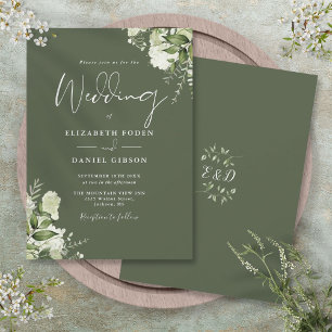 Olives Grün Greenery Blätter Monogramm Hochzeit Einladung