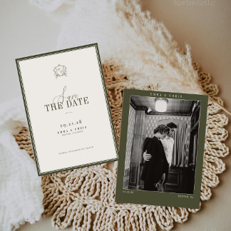 Olivesgrüne Vintage-Old-Money-Hochzeitsfoto Save The Date
