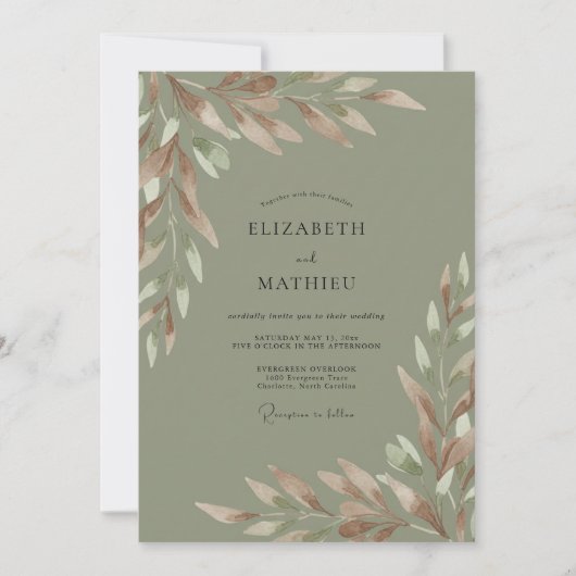 Olivfarbene Malvenhochzeit Einladung (Vorderseite)