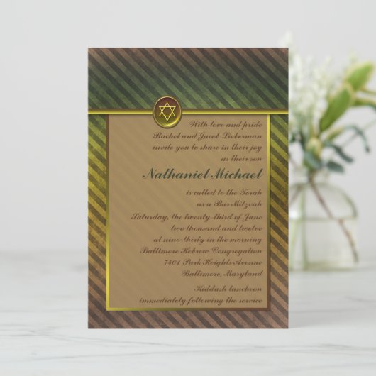 Olivgrün, braun gestreifte Bar Mitzvah Einladung (Stehend Vorderseite)