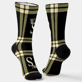 Olivgrün, Creme und karierte Monogramm Socken