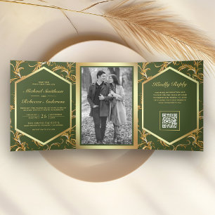 Olivgrün Gold Schwung Foto QR Code Hochzeit Dreifach Gefaltete Einladung