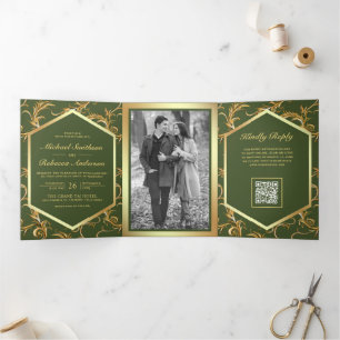 Olivgrün Gold Schwung Foto QR Code Hochzeit Dreifach Gefaltete Einladung
