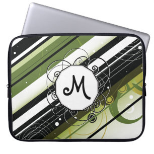 Olivgrün-Modern-Retro Streifen mit Monogramm Laptopschutzhülle