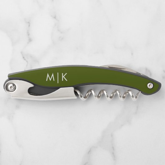 Olivgrün | Modernes Monogramm Kellnermesser (Vorderseite)