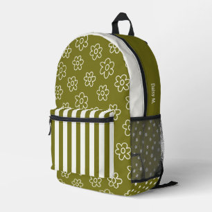 Olivgrün Retro Gänseblümchen & Streifen Personaliz Bedruckter Rucksack