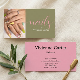 Olivgrün Rosa Schrift Foto Nageldesigner Salon Visitenkarte