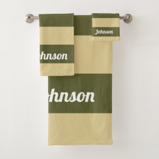 Olivgrün und Tan Streifen Badhandtuch Set