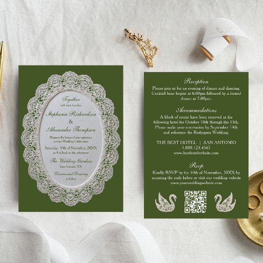 Olivgrüne All-in-One-QR-Code-Spitze Hochzeit Einladung