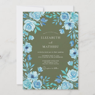 Olivgrüne azurblaue Blätterhochzeit Einladung