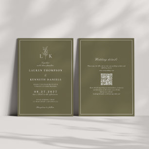 Olivgrüne Blatt-Monogramm-QR-Code-Hochzeit Einladung