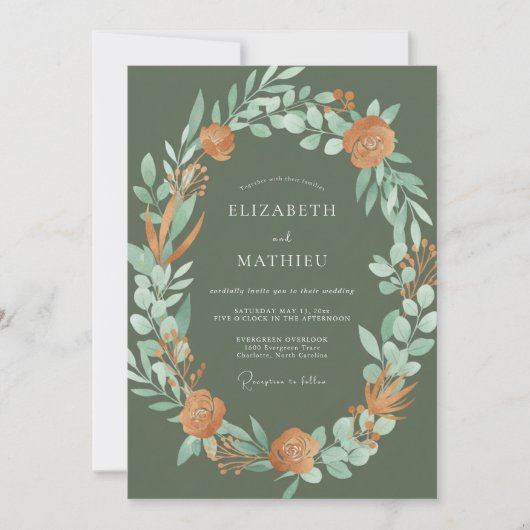 Olivgrüne Blätterhochzeit Einladung (Vorderseite)