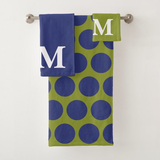 Olivgrüne & blaue Punkte-Monogramm-Initiale Badhandtuch Set (Insitu)