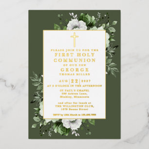 Olivgrüne Boho-Floral-Erstkommunion Gold Folieneinladung