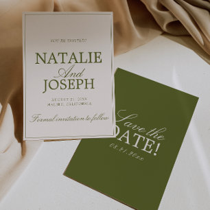 Olivgrüne Creme Old Money Luxus Hochzeits-Sav Save The Date