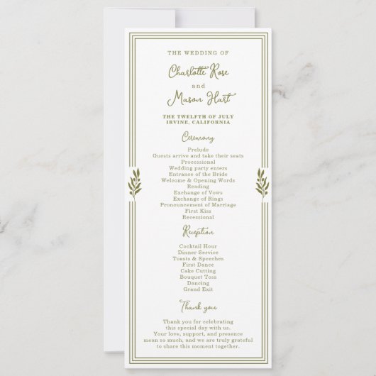 Olivgrüne elegante Hochzeitsprogrammkarte Einladung (Vorderseite)