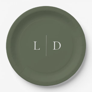 Olivgrüne elegante minimalistische Monogramm-Hochz Pappteller