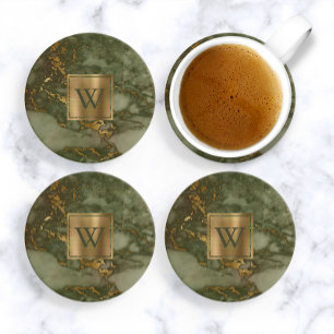 Olivgrüne Faux-Marmor-Gold-Monogramm Getränkeuntersetzer