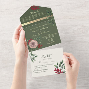 Olivgrüne florale botanische Hochzeit  All In One Einladung