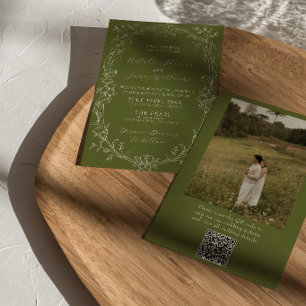 Olivgrüne Florale QR-Code-Foto Hochzeit im Stil de Einladung