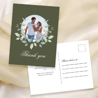 Olivgrüne Foto-Hochzeit-Dankeschön-Postkarte Postkarte