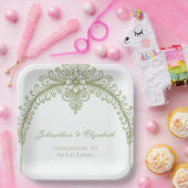 Olivgrüne französische Flourish-Bogen-Hochzeit Pappteller (Party)
