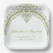 Olivgrüne französische Flourish-Bogen-Hochzeit Pappteller (Vorderseite)