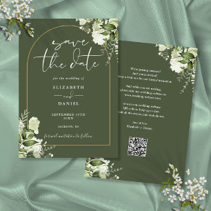 Olivgrüne Grünpflanzen Goldbogen QR-Code Hochzeit Save The Date