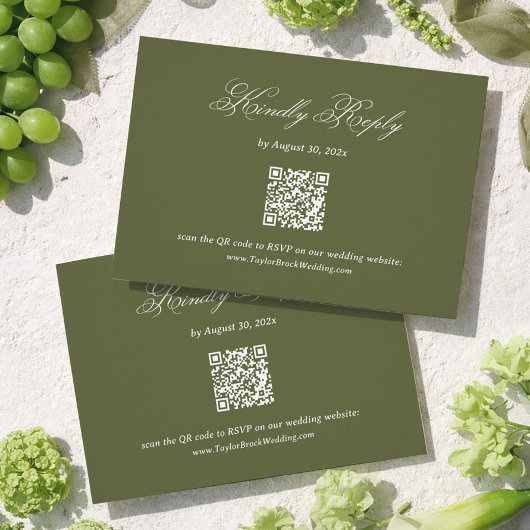Olivgrüne Hochzeits-RSVP-QR-Code Begleitkarte