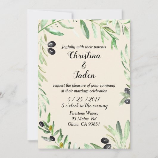 Olivgrüne Hochzeitseinladung Einladung (Vorderseite)