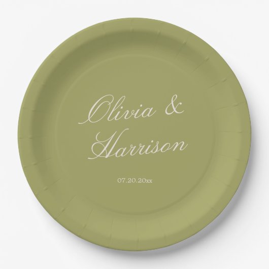 Olivgrüne klassische Hochzeit Pappteller (Vorderseite)