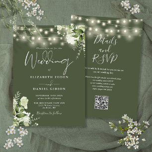 Olivgrüne Lichterkette Blumen QR-Code Hochzeit Einladung