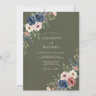 Olivgrüne melancholische Hochzeit mit floralen Mot Einladung
