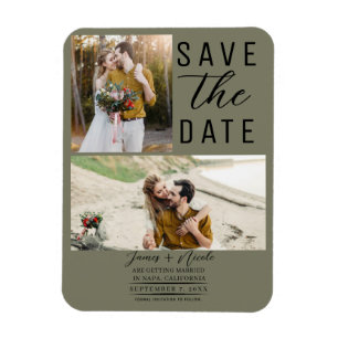 Olivgrüne moderne 2-Fotos-Save-the-Date-Hochzeit Magnet