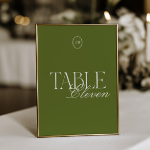 Olivgrüne Monogramm-Hochzeitstisch-Nummernkarte Einladung