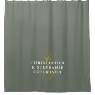 Olivgrüne Monogramm-Paar Gold Weiß Minimalistisch Duschvorhang