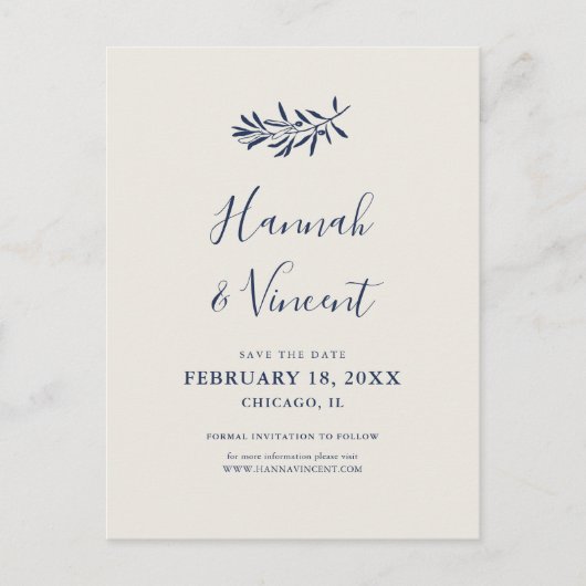 Olivgrüne Navy Save-the-Date-Postkarte Ankündigungspostkarte (Vorderseite)