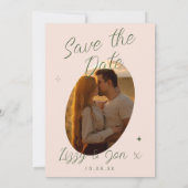 Olivgrüne Retro-Moderne kursive Fotohochzeit Save The Date (Rückseite)