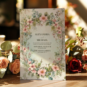 Olivgrüne rosa Blumenkunst im Jugendstil Hochzeit Einladung