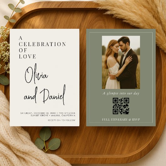 Olivgrüne Schriftfoto-QR-Code-Hochzeit Einladung