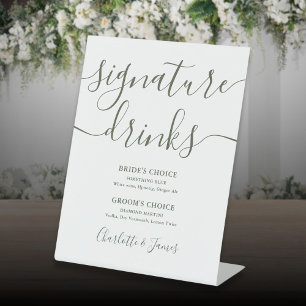 Olivgrüne Schriftzug-Hochzeitssignaturgetränke  Sockelschild