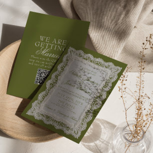 Olivgrüne Spitzen-Old-Money-Doily-QR-Code-Hochzeit Einladung